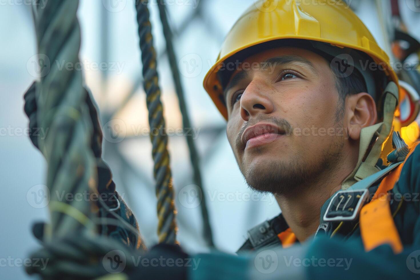 A young Hispanic male safety worker in a helmet and harness, focused on his task while preparing to climb a structure. photo