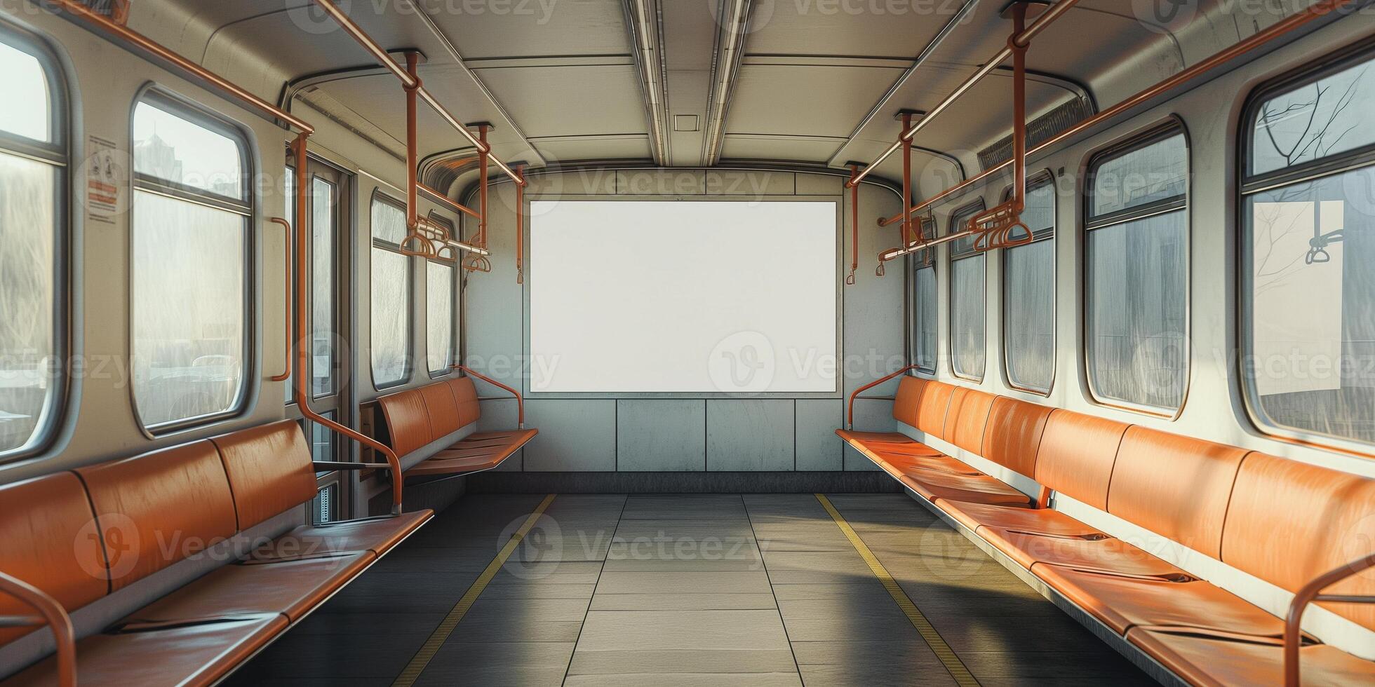 An empty subway train interior with warm orange benches, illuminated by soft natural light, creating a calm atmosphere. photo