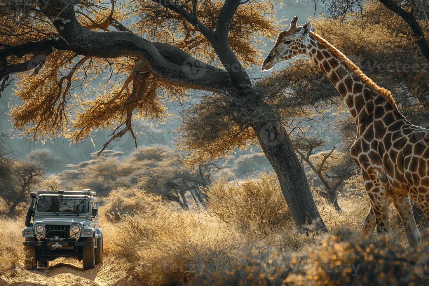 A majestic giraffe stands tall by a rugged vehicle, surrounded by golden foliage in a tranquil savanna setting. photo