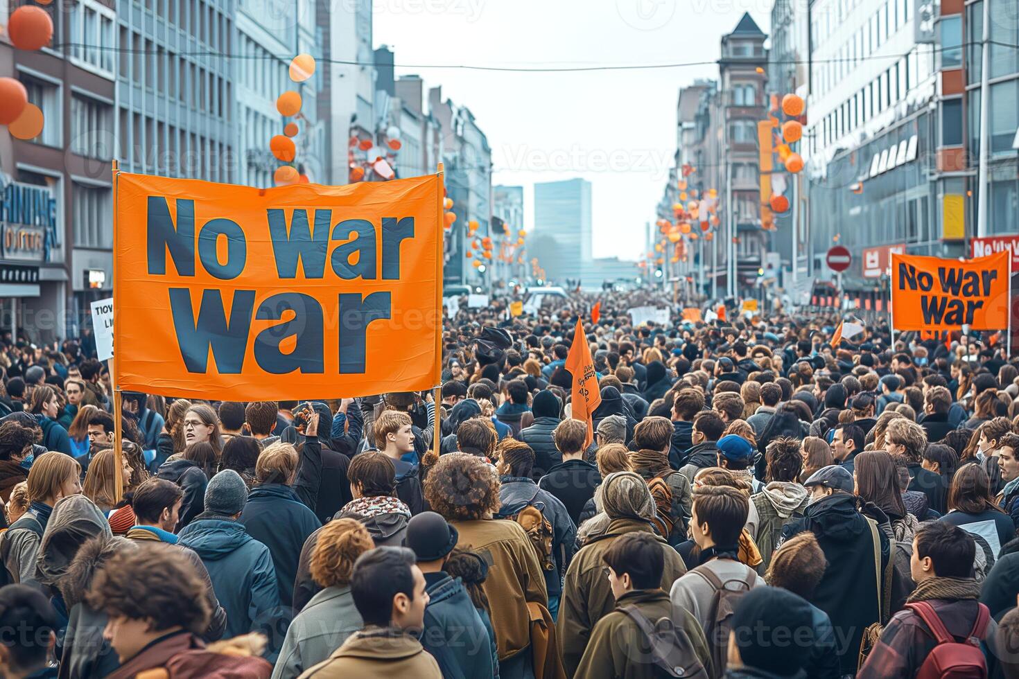 A diverse crowd of protesters, including young adults, gather in a city holding vibrant orange 'No War' banners, expressing their strong message. photo