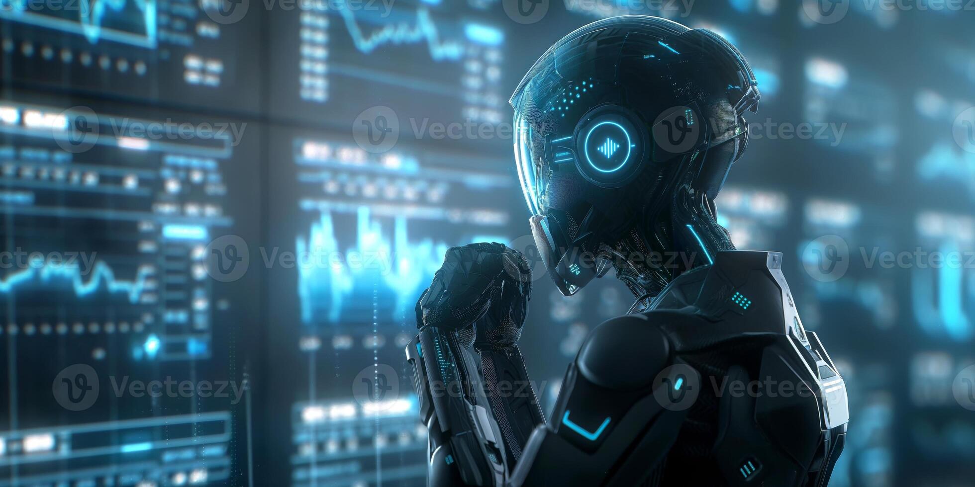 Futuristic robotic figure analyzing complex data on digital screens. photo
