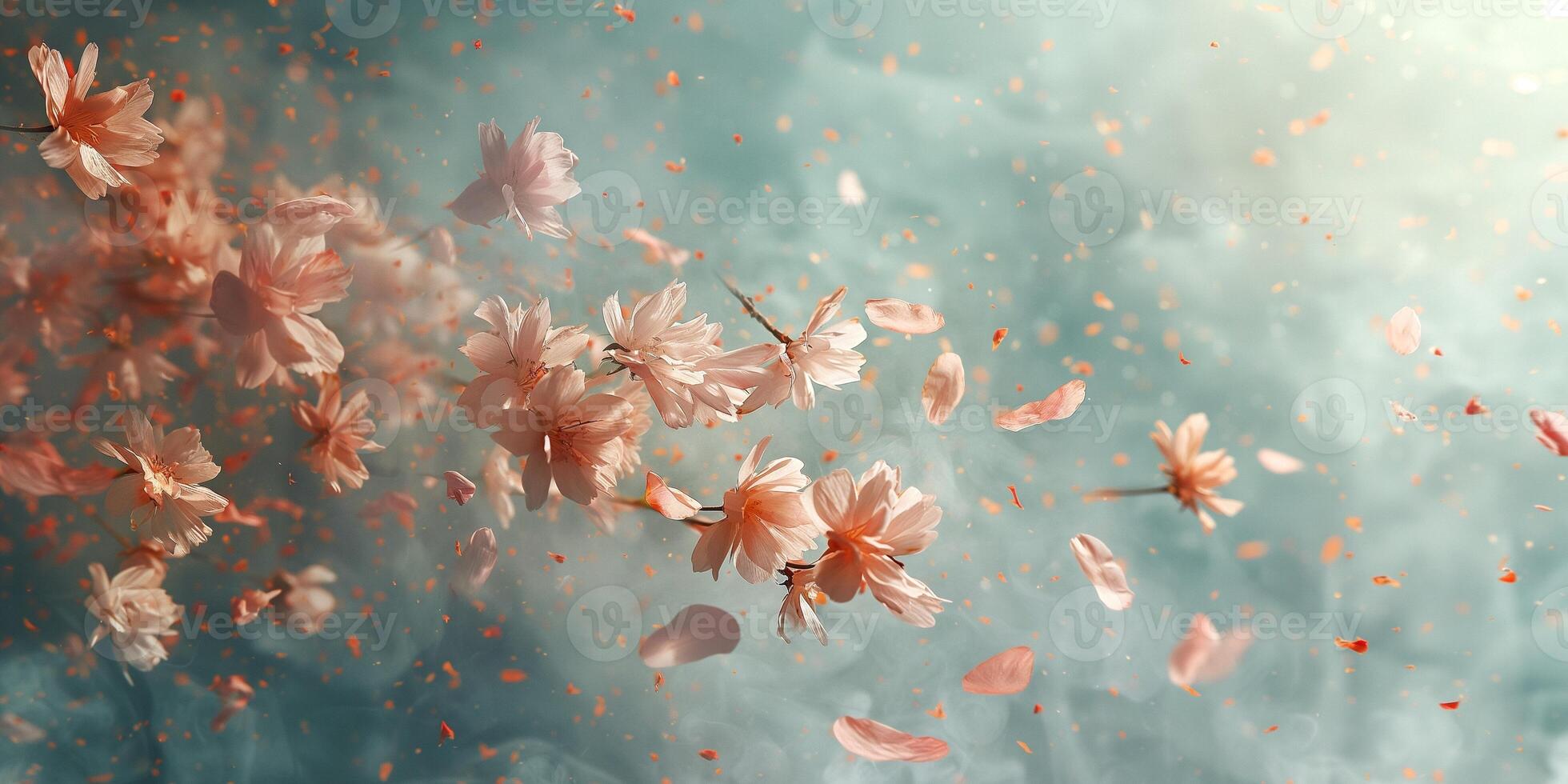 Delicate pink cherry blossoms swirl through a dreamy, misty background, creating an ethereal atmosphere. photo