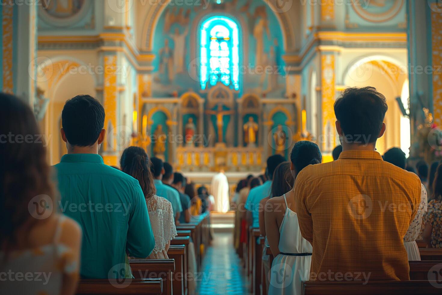 A diverse group of individuals attends a serene church service, highlighting their unity and devotion. photo