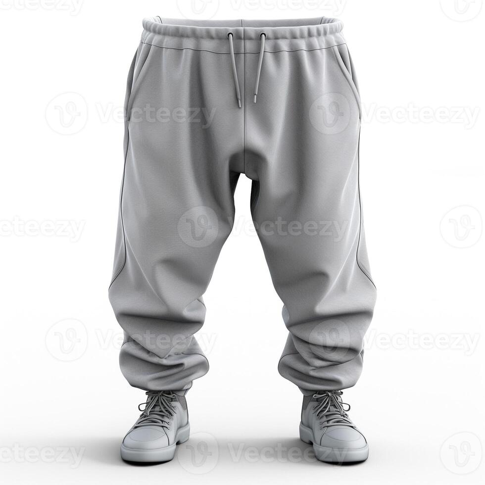 Light gray joggers paired with stylish sneakers, showcasing a relaxed and casual style. photo