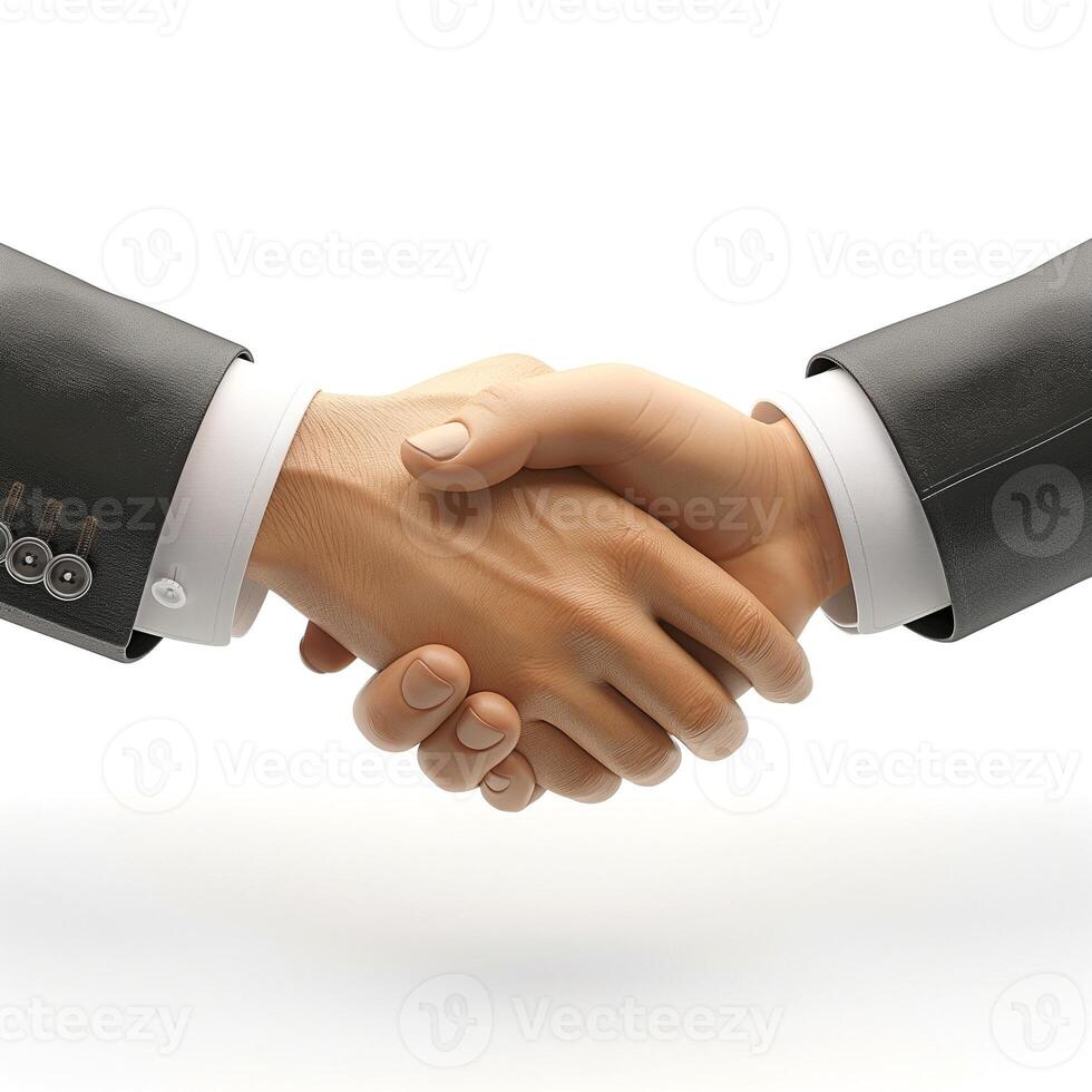 Two diverse hands in business suits engaged in a handshake, symbolizing cooperation and agreement. photo