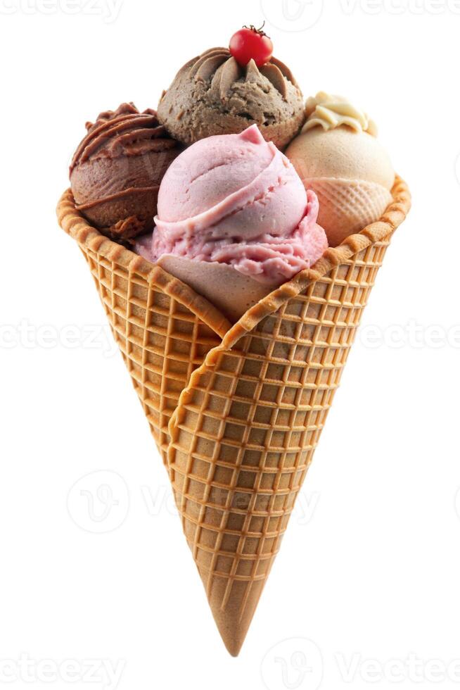 A delicious ice cream cone featuring four scoops in various flavors, topped with a cherry. photo