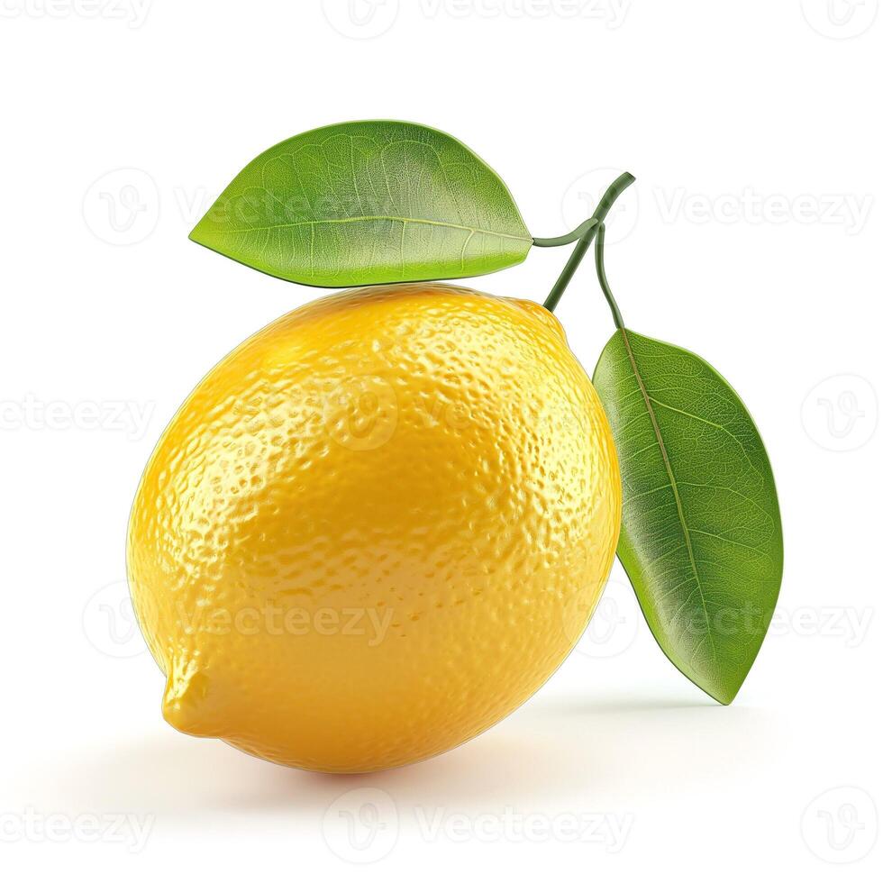 A vibrant yellow lemon with green leaves, symbolizing freshness and zest. photo