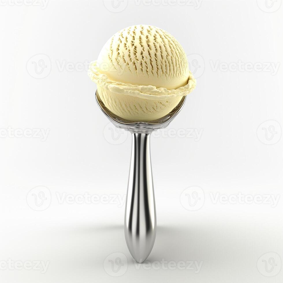 Deliciously creamy vanilla ice cream scooped into a shiny silver ice cream scoop, set against a clean white background. photo