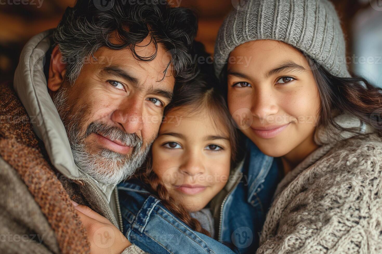 A warm and loving family portrait featuring a Hispanic father with his two daughters, all smiling warmly together. photo