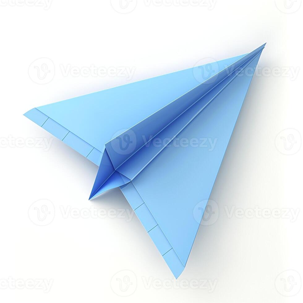 A sleek blue paper airplane rests against a clean white background, symbolizing creativity and imagination. photo