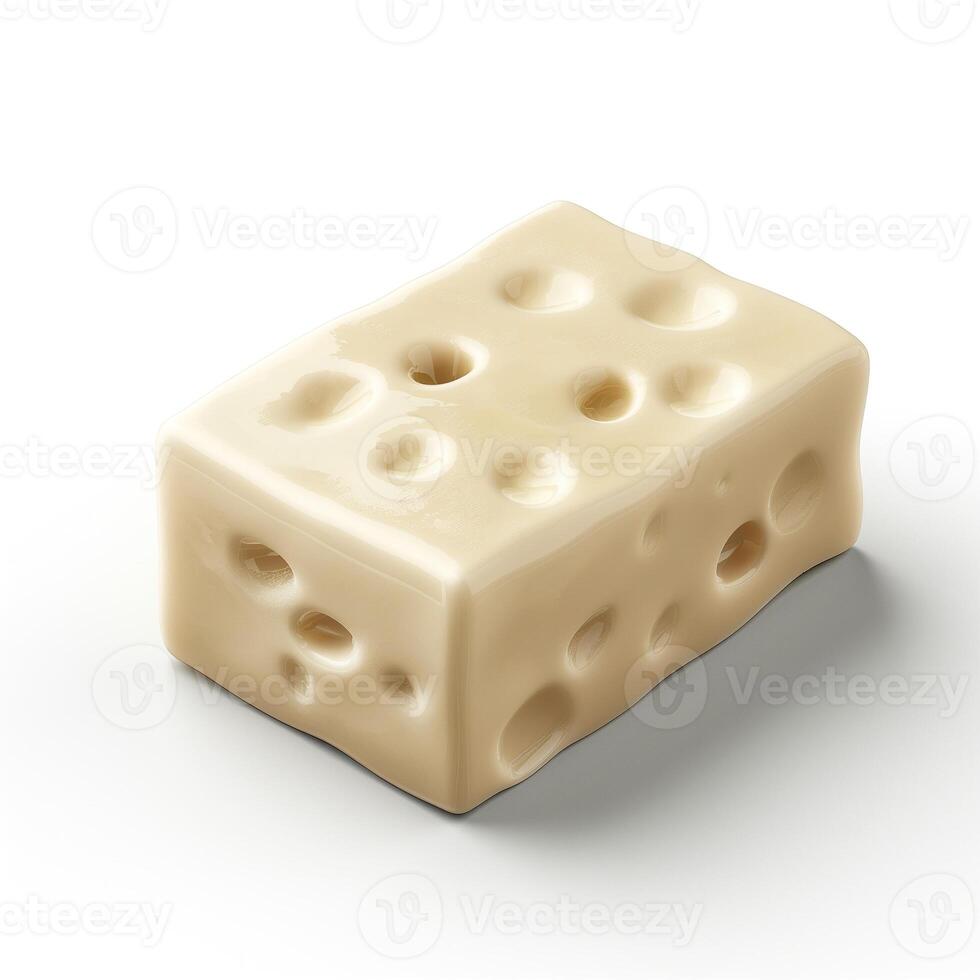 A realistic depiction of a block of cheese, featuring distinctive holes and a soft, creamy texture, set against a plain white background. photo