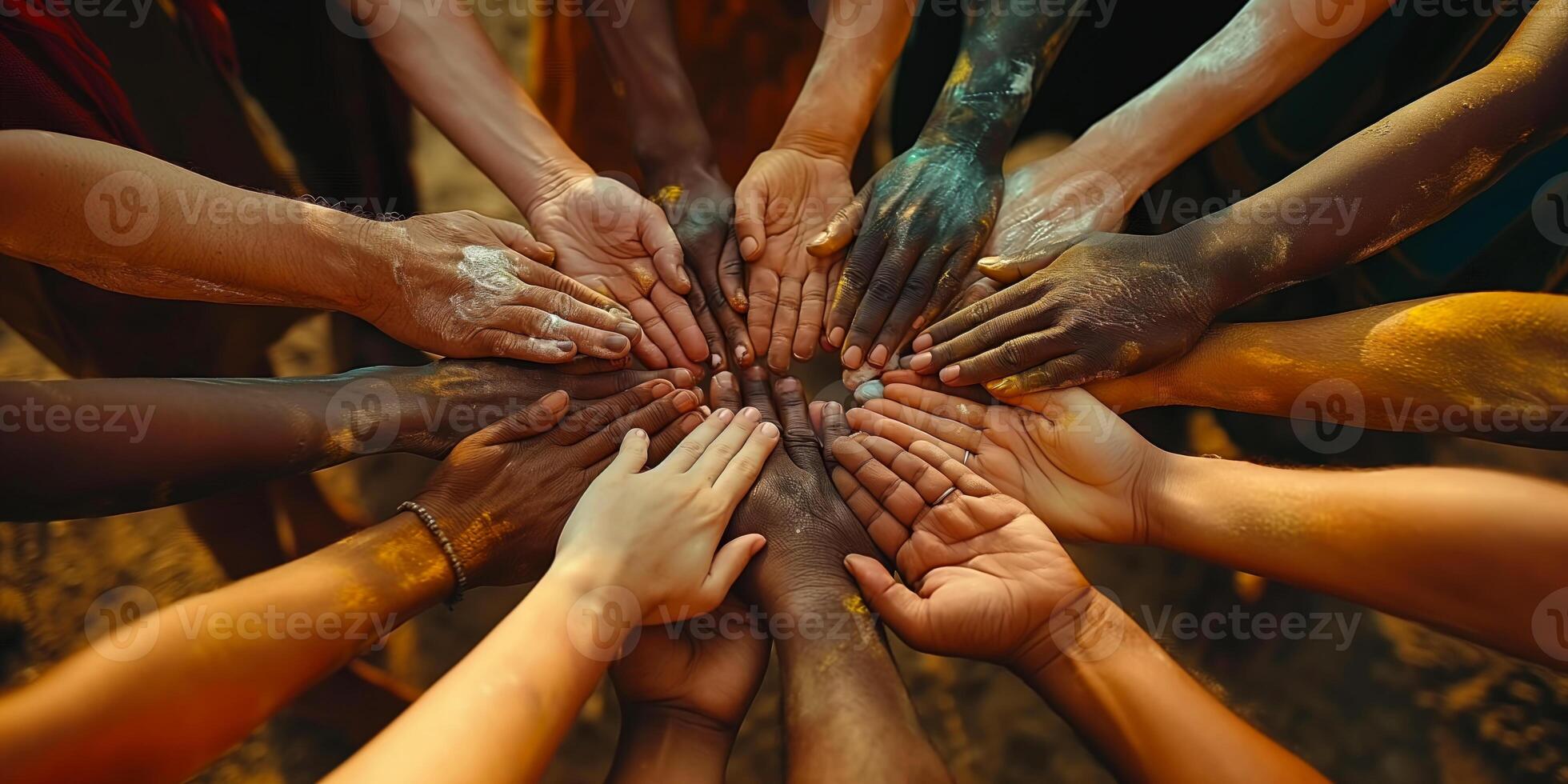 A diverse group of hands coming together, symbolizing unity and collaboration in a vibrant outdoor setting. photo