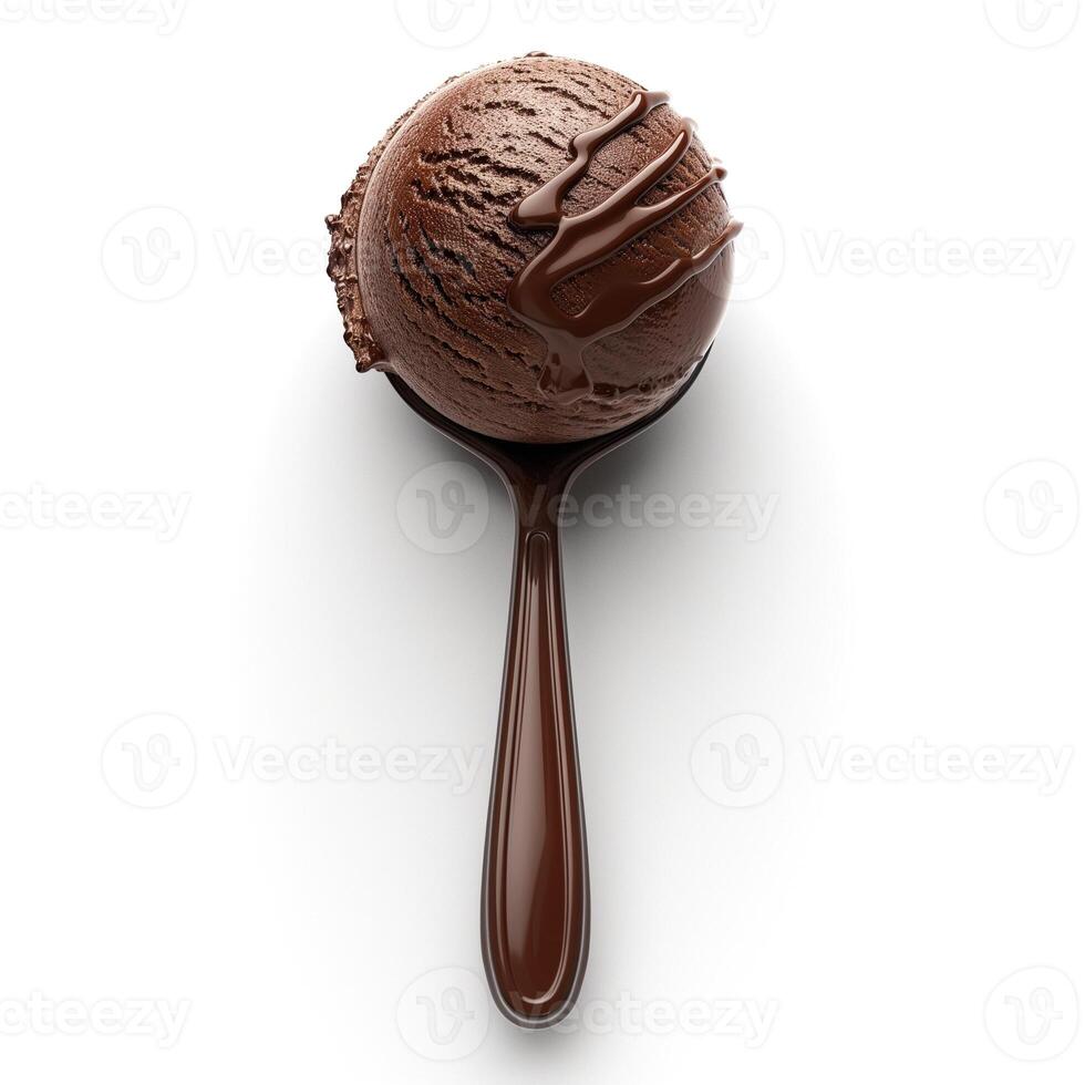 A decadent scoop of chocolate ice cream in a shiny spoon, drizzled with rich chocolate sauce. photo