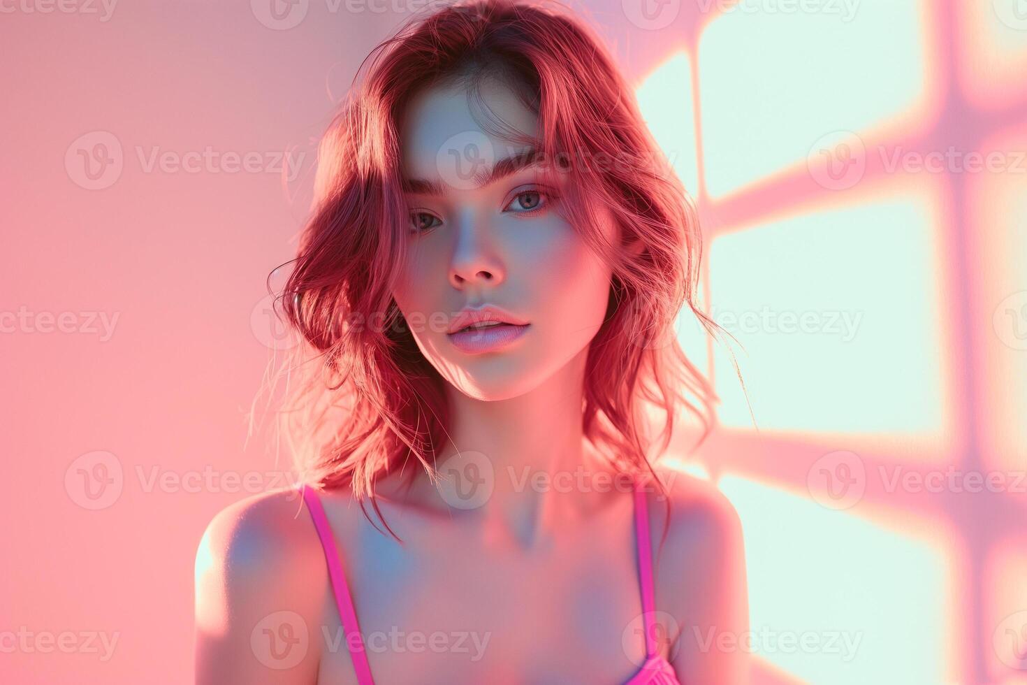 A young Caucasian woman with wavy hair poses in soft pink light, creating a dreamy and ethereal atmosphere. photo