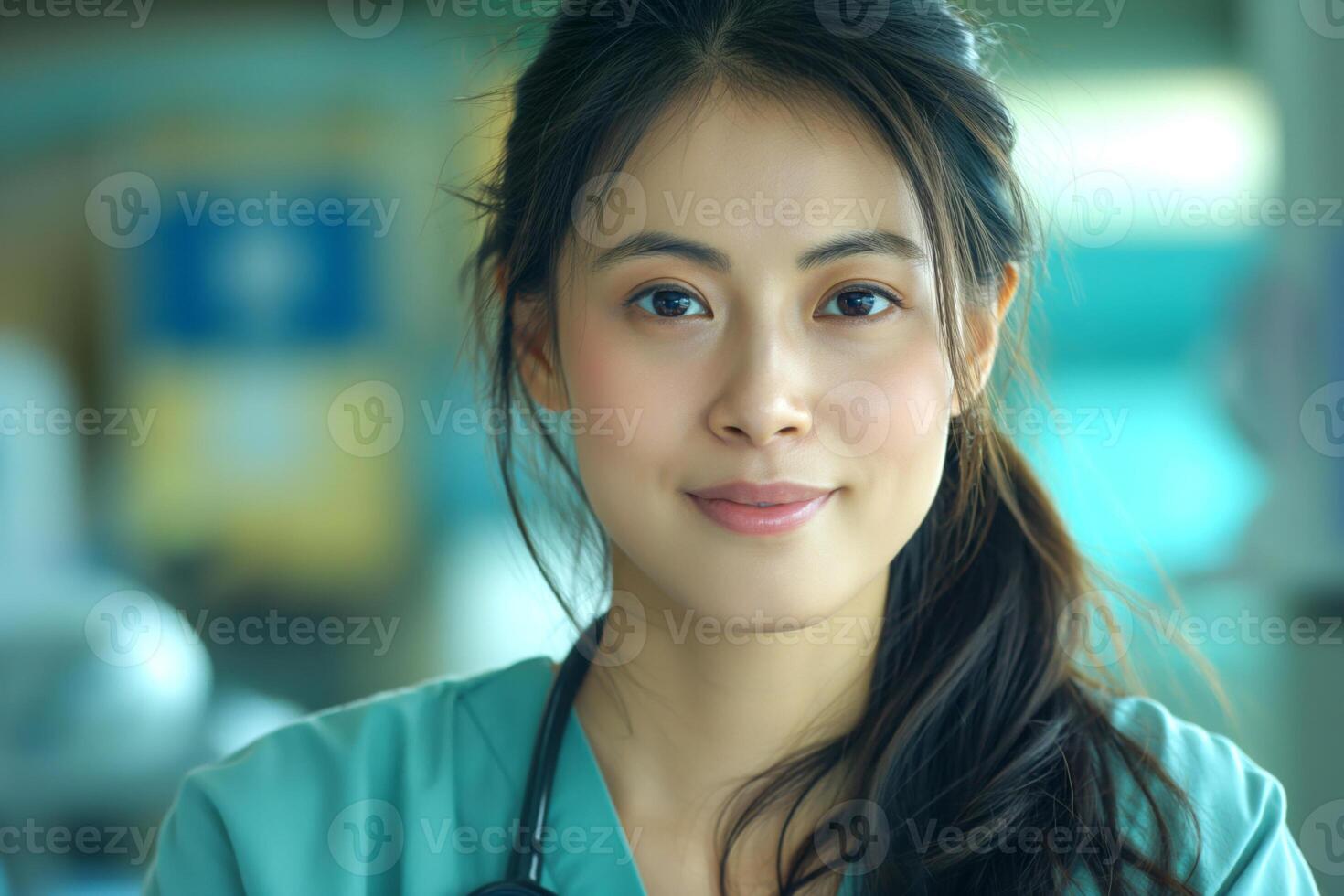 A young Asian female healthcare professional in scrubs smiling confidently in a bright medical environment. photo