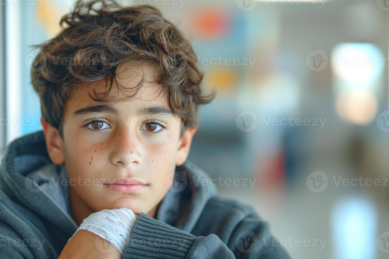 A young boy with curly hair and freckles gazes thoughtfully, showcasing a mix of innocence and contemplation. photo