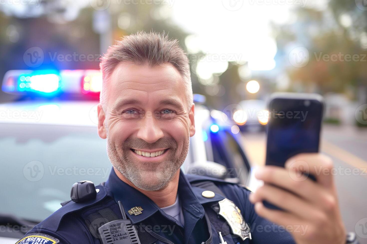 Smiling male police officer taking a selfie in front of a patrol car with flashing lights. photo