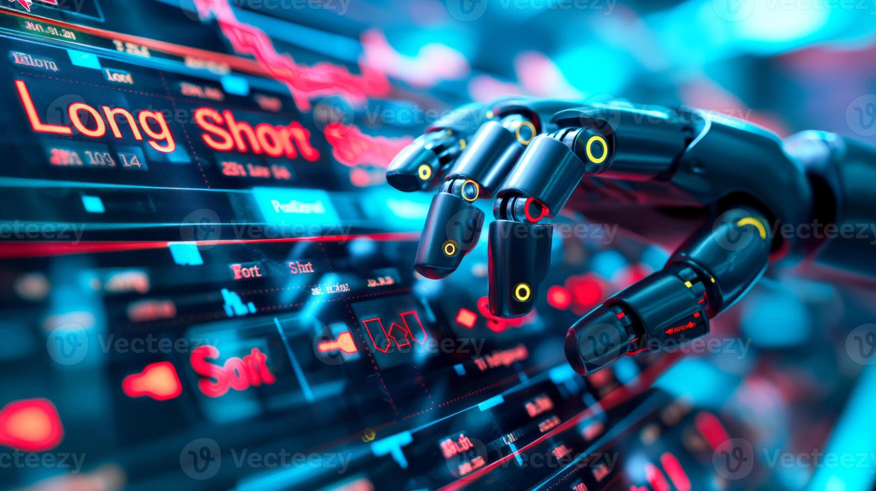 A futuristic robotic hand reaching for digital trading data, showcasing advanced technology in finance. photo