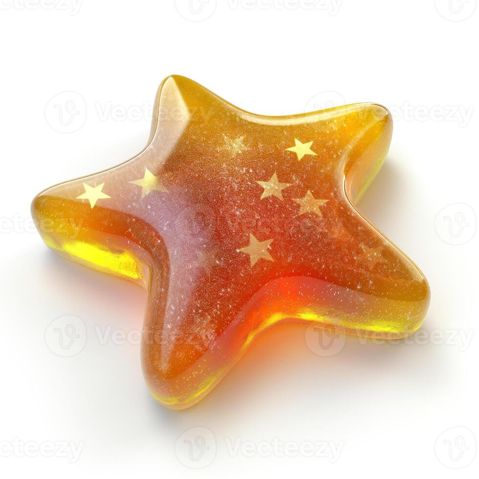 A vibrant yellow-orange star-shaped candy with shimmering glitter and golden stars visible inside. photo