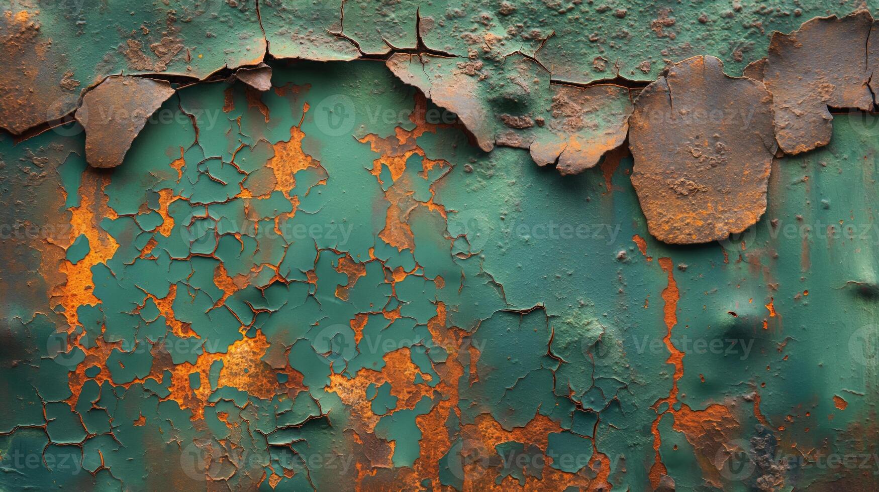 Close-up of a weathered surface with peeling green paint and rust, showcasing a striking blend of textures and colors. photo