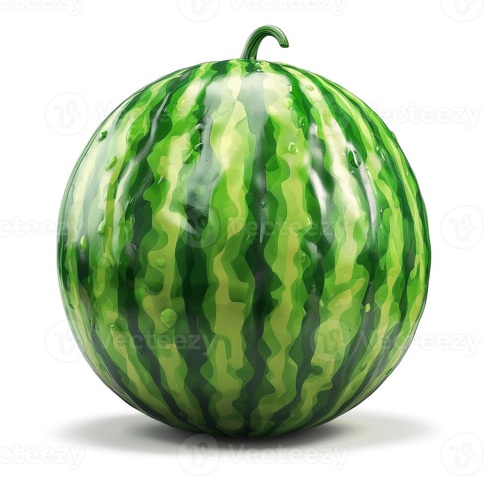 A vibrant, glossy watermelon showcasing its rich green striped skin. Perfect for summer refreshment. photo