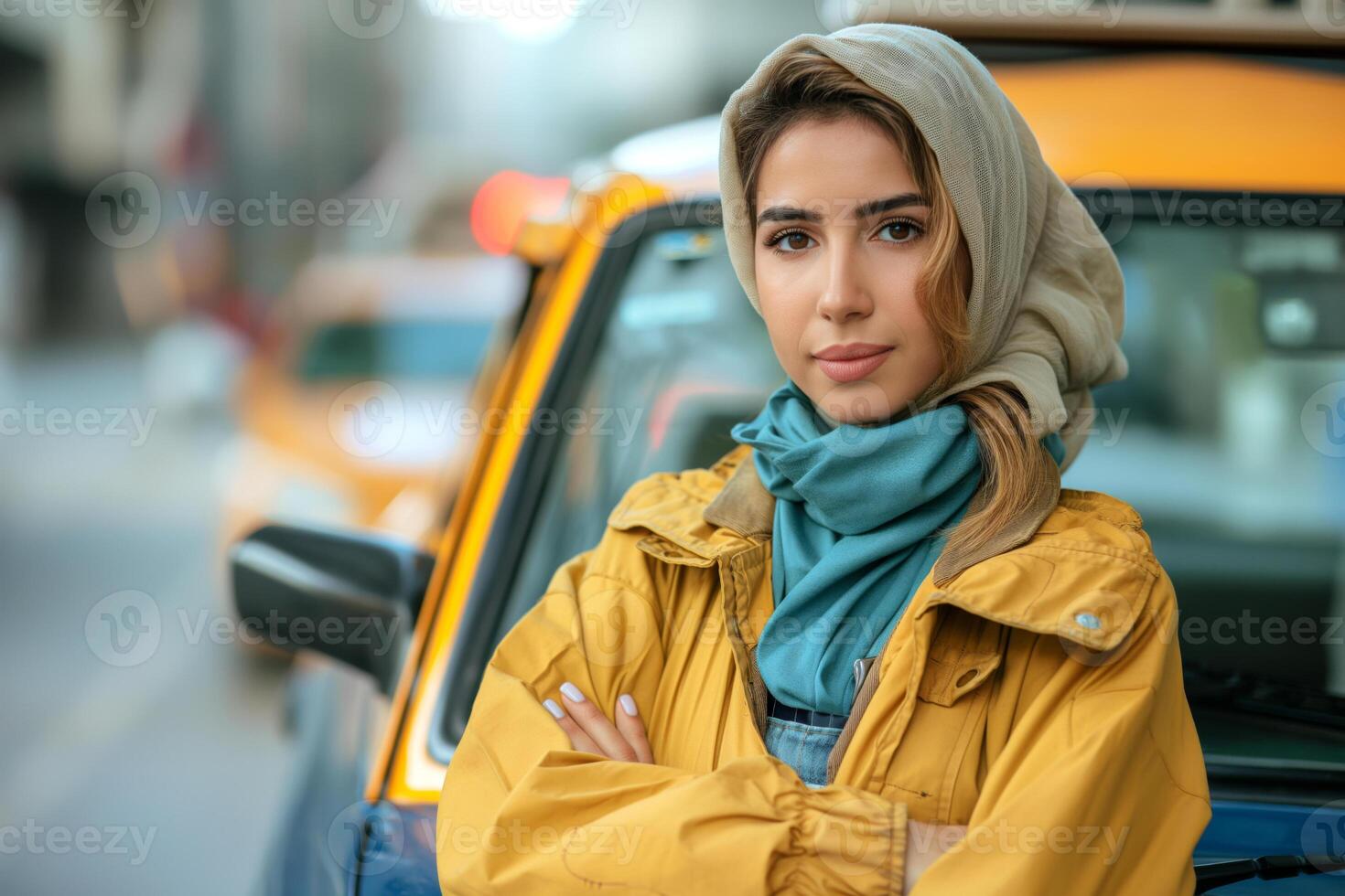 A confident young Middle Eastern woman in a cozy yellow jacket and headscarf stands near a yellow taxi, embodying urban style. photo