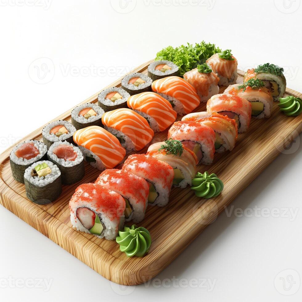 A vibrant assortment of sushi on a wooden platter, showcasing various rolls and sashimi with fresh garnishes. photo