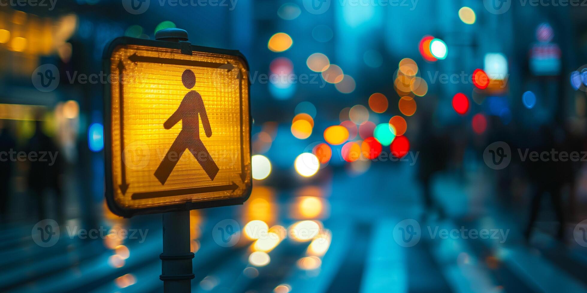 A glowing yellow pedestrian signal stands out amidst a bustling urban backdrop at night, highlighting the vibrant city life. photo