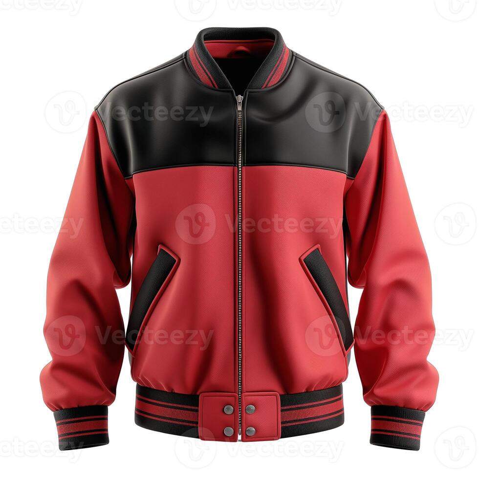 Bold red and black bomber jacket featuring a sleek design and modern cut, perfect for a trendy urban look. photo