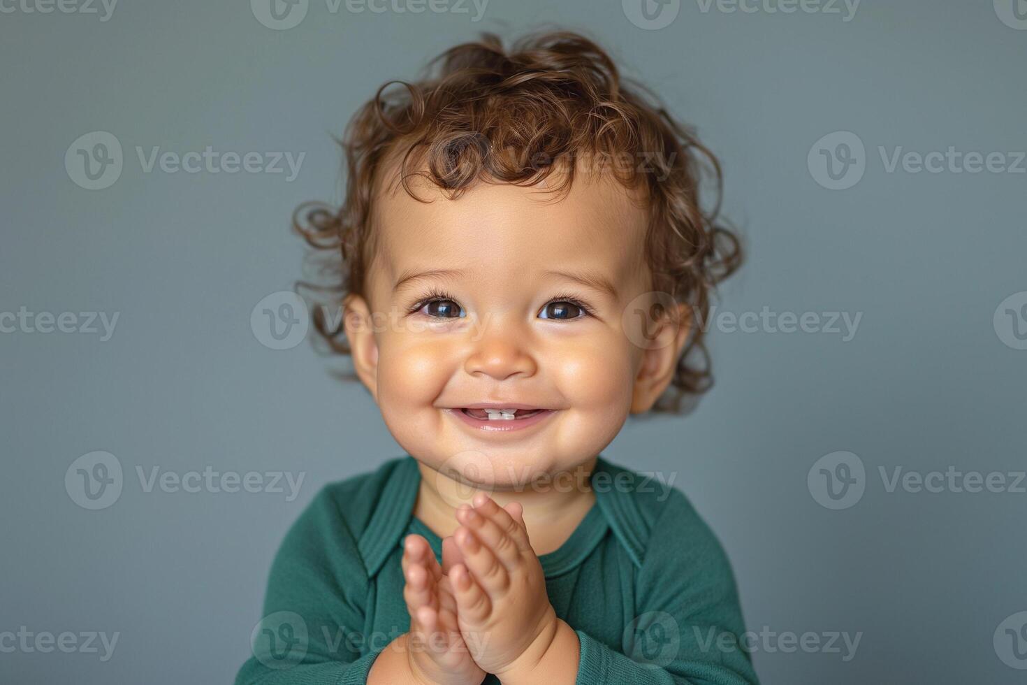 Cute toddler with curly hair, expressing joy while clapping hands against a soft gray background. photo