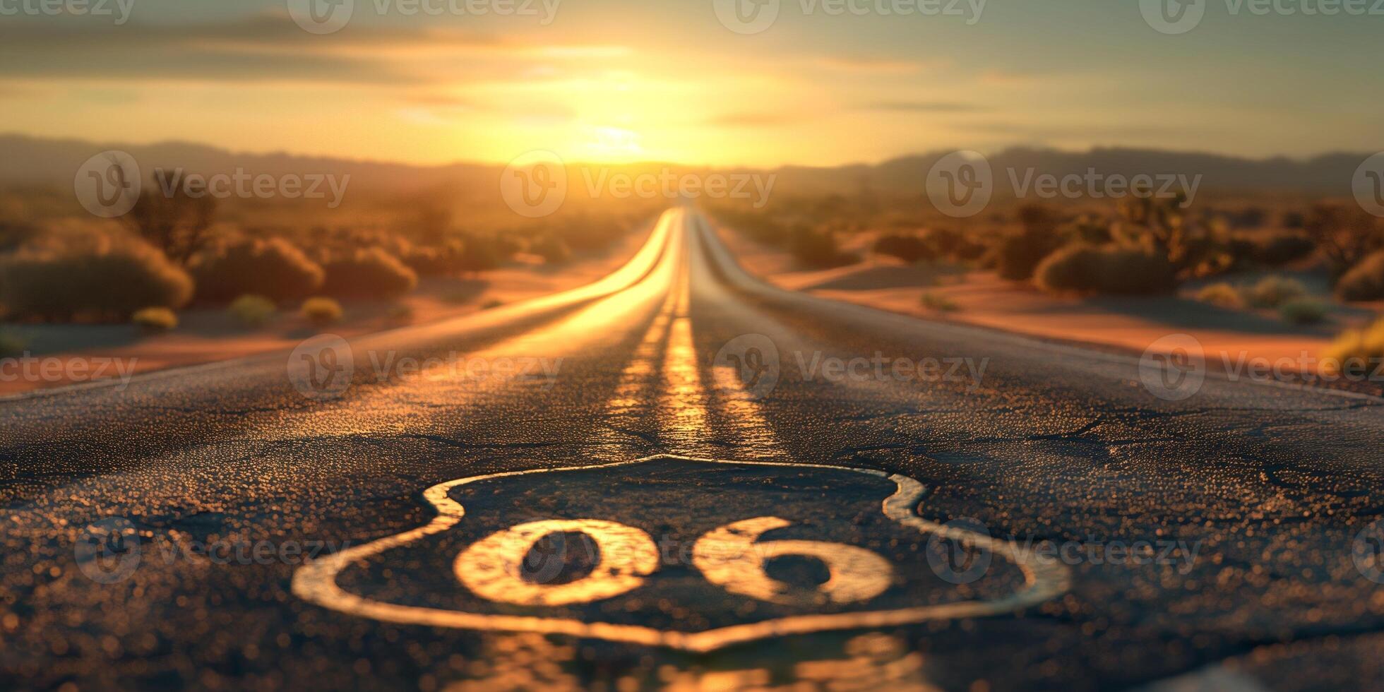 A stunning sunset over a long, deserted Route 66, showcasing the journey of adventure and nostalgia. photo