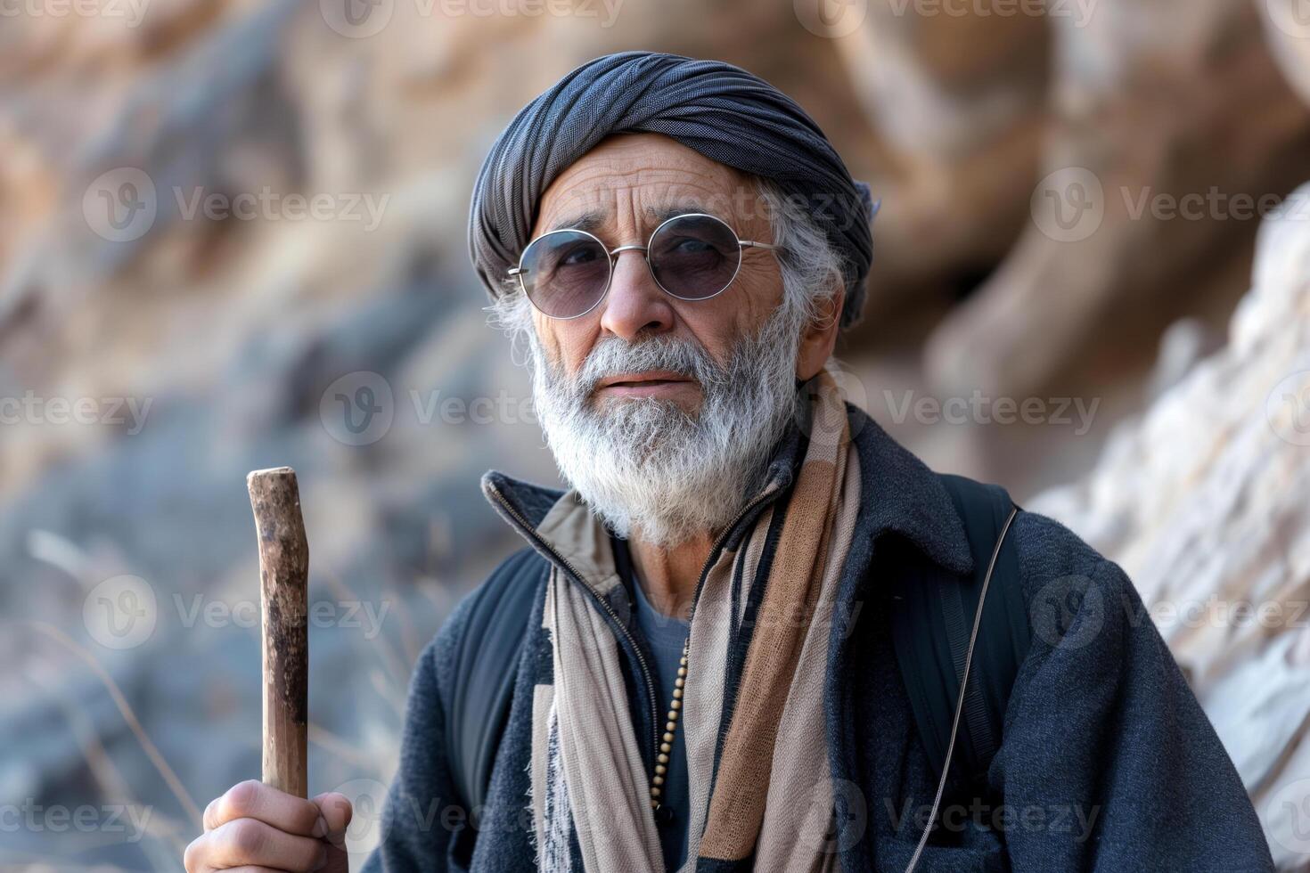 Elderly man with gray beard and glasses, wearing a traditional turban, holding a stick in a rugged outdoor setting. photo