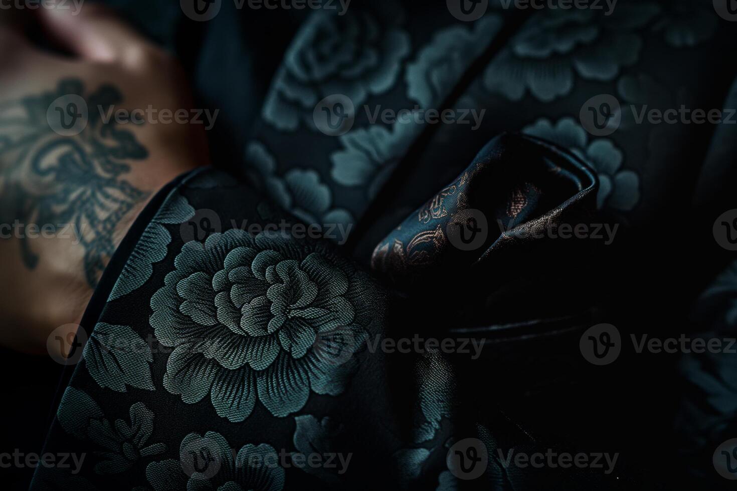 Close-up of a richly patterned black suit sleeve with an elegant floral design, featuring a tattooed hand holding a pocket square. photo