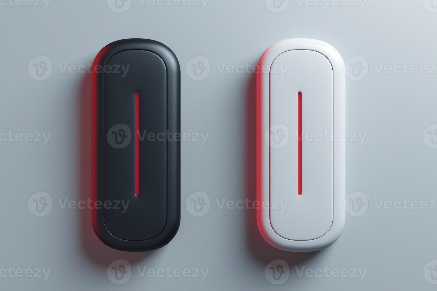 Two modern devices, one sleek black and the other crisp white, each featuring a striking red LED accent. photo
