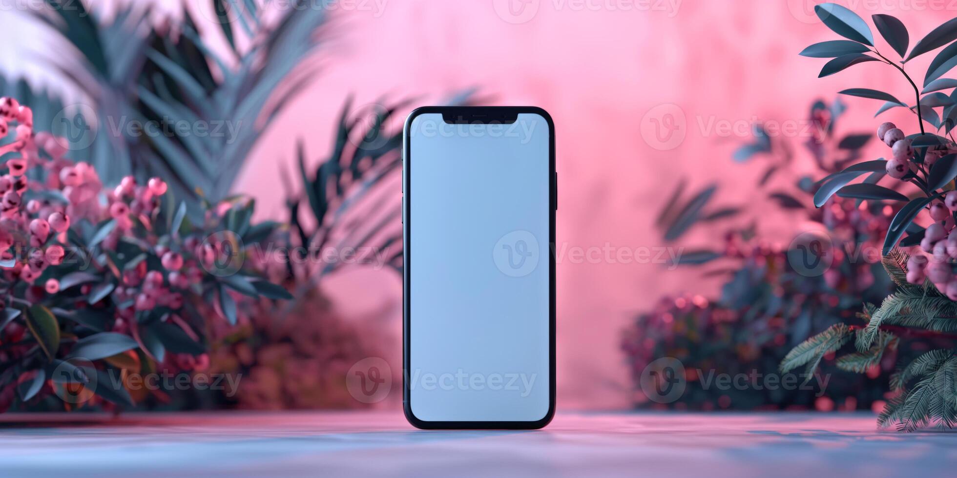 A sleek smartphone stands on a surface surrounded by vibrant, colorful foliage. photo