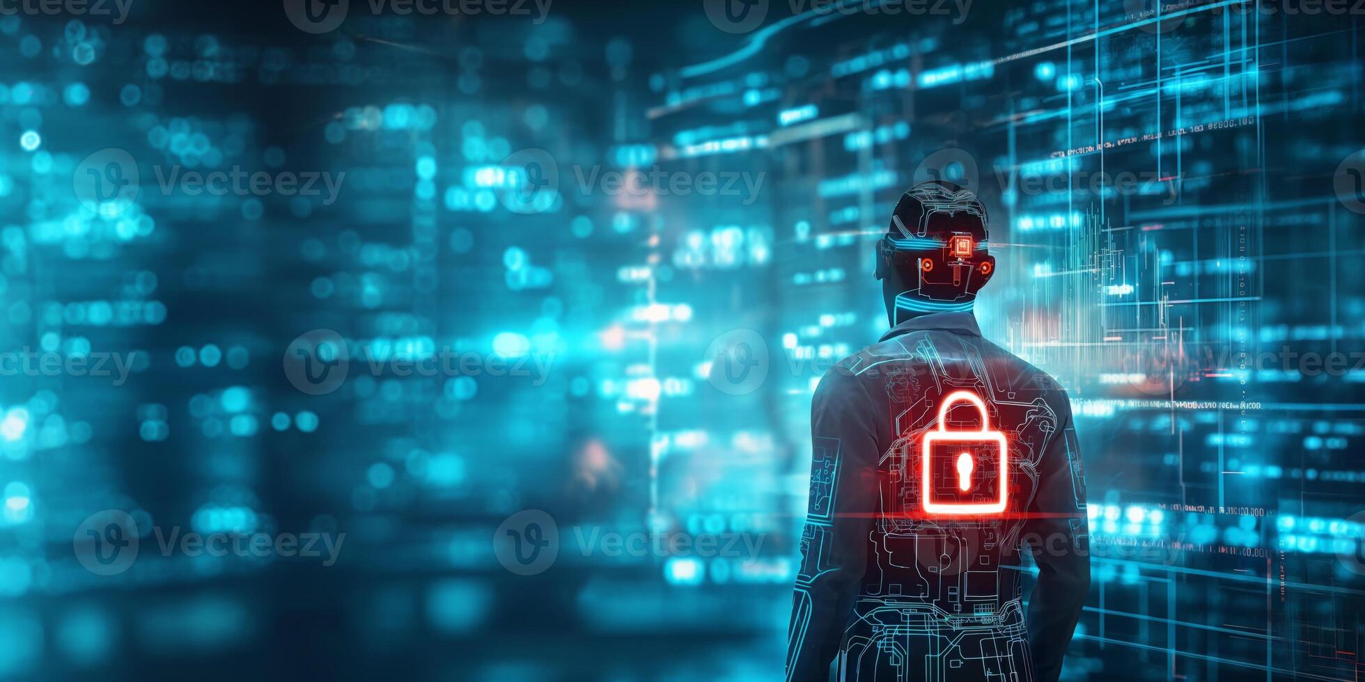 A digital figure representing cybersecurity, standing against a futuristic backdrop with a glowing padlock symbol. photo