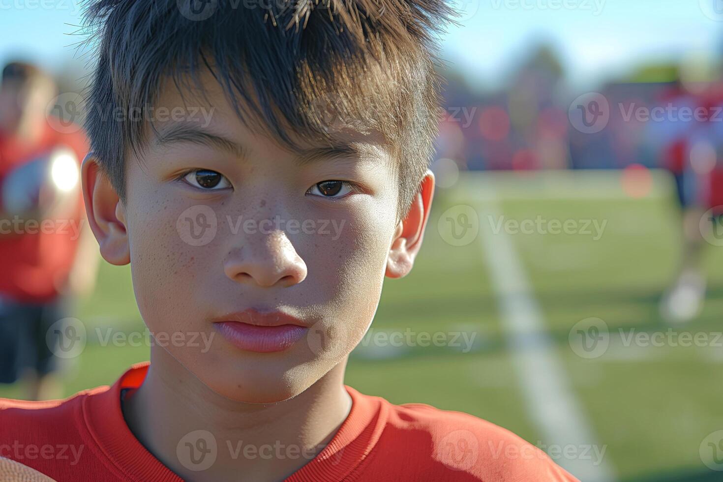 A focused young Asian boy holds a football, showcasing determination and ambition on a bright day during practice. photo