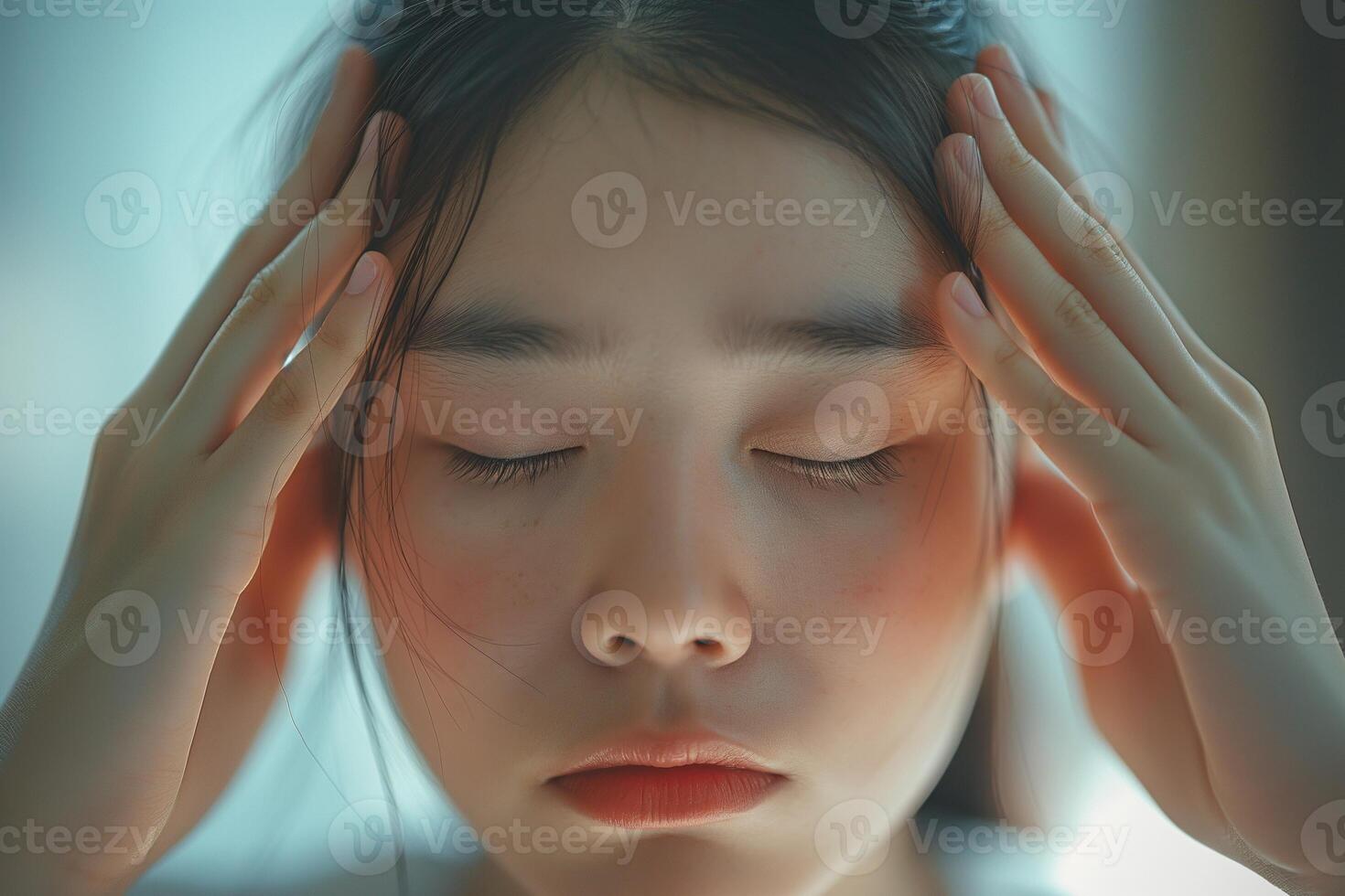 A young Asian woman, eyes closed and hands on temples, expressing deep concentration or stress in a serene indoor setting. photo