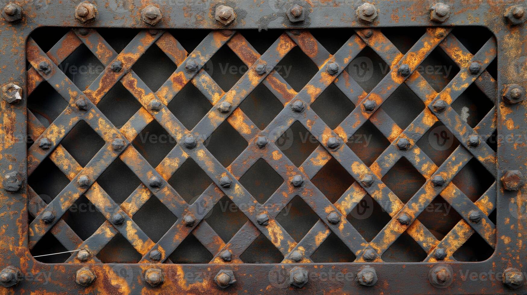 Close-up of a rusted metal grille with a diamond pattern, showcasing weathered textures and bolts. photo