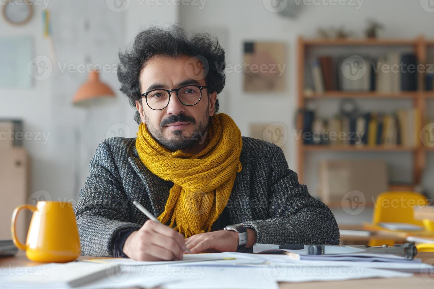 A thoughtful Middle-Eastern man in a cozy sweater and yellow scarf reviews notes at a work desk, surrounded by books and papers. photo