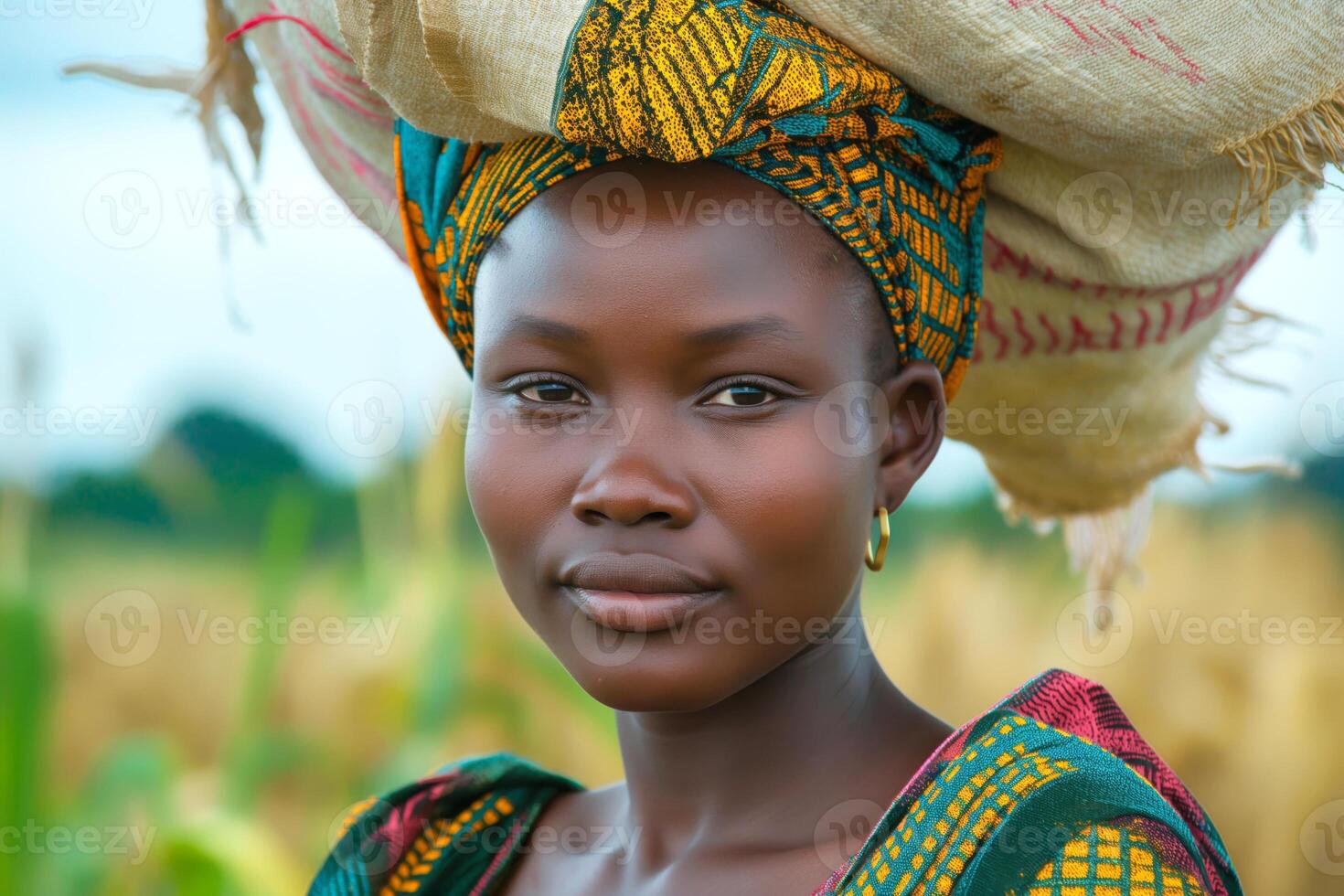 A young African woman with a serene expression and traditional attire, balancing a large basket on her head in a lush green field. photo
