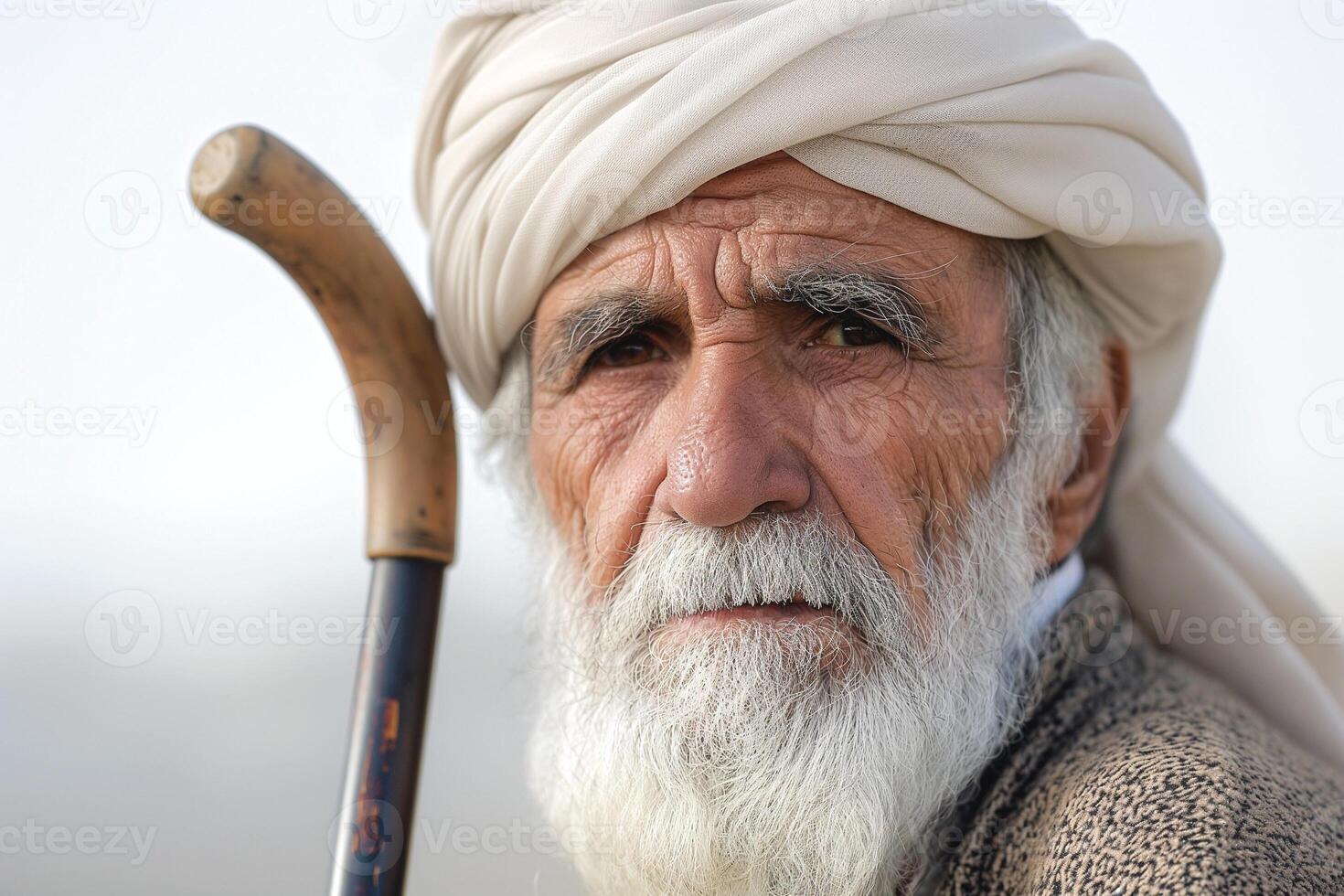 Elderly man with a long white beard and turban, holding a cane, exuding wisdom and resilience. photo