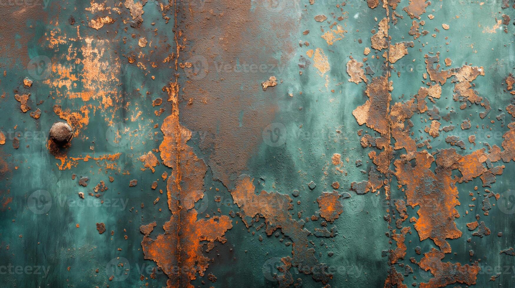 Close-up of a weathered, turquoise and rusted metal surface, showcasing intricate textures and patterns. photo