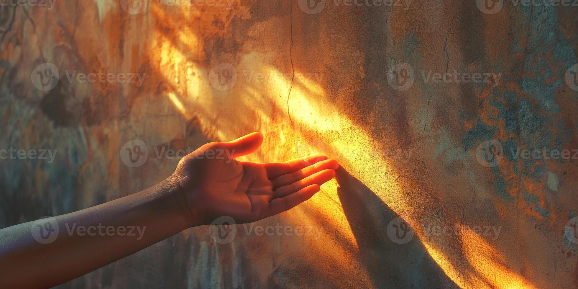 A close-up of a gentle hand reaching toward a glowing textured wall, bathed in warm, golden light. photo