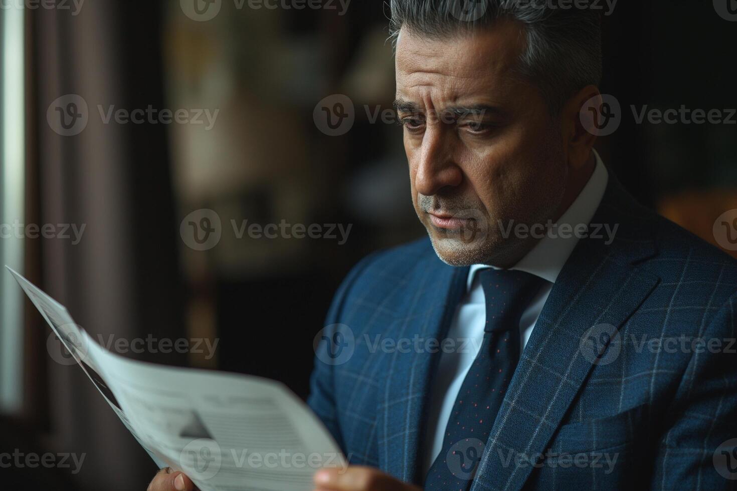 Middle-aged Middle-Eastern man in a tailored suit, deeply focused on reading important documents indoors. photo