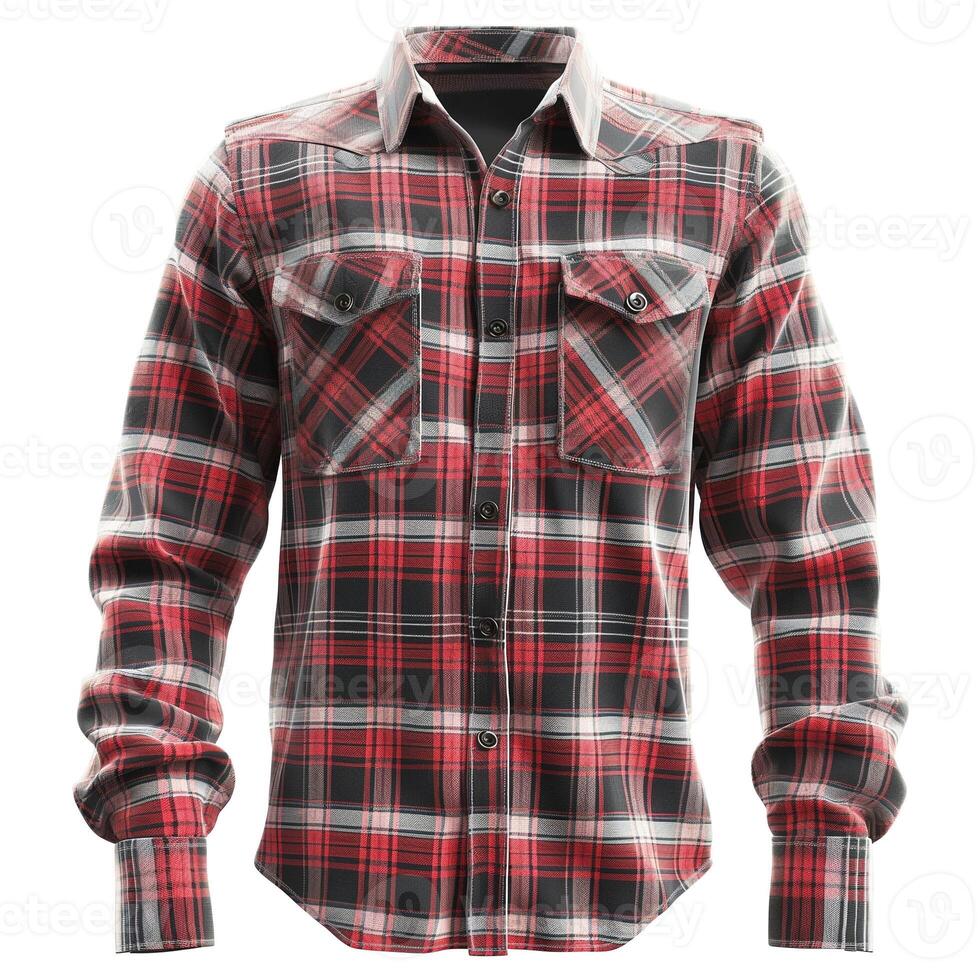 Stylish red and black plaid shirt with button-up design, perfect for casual or outdoor wear. photo