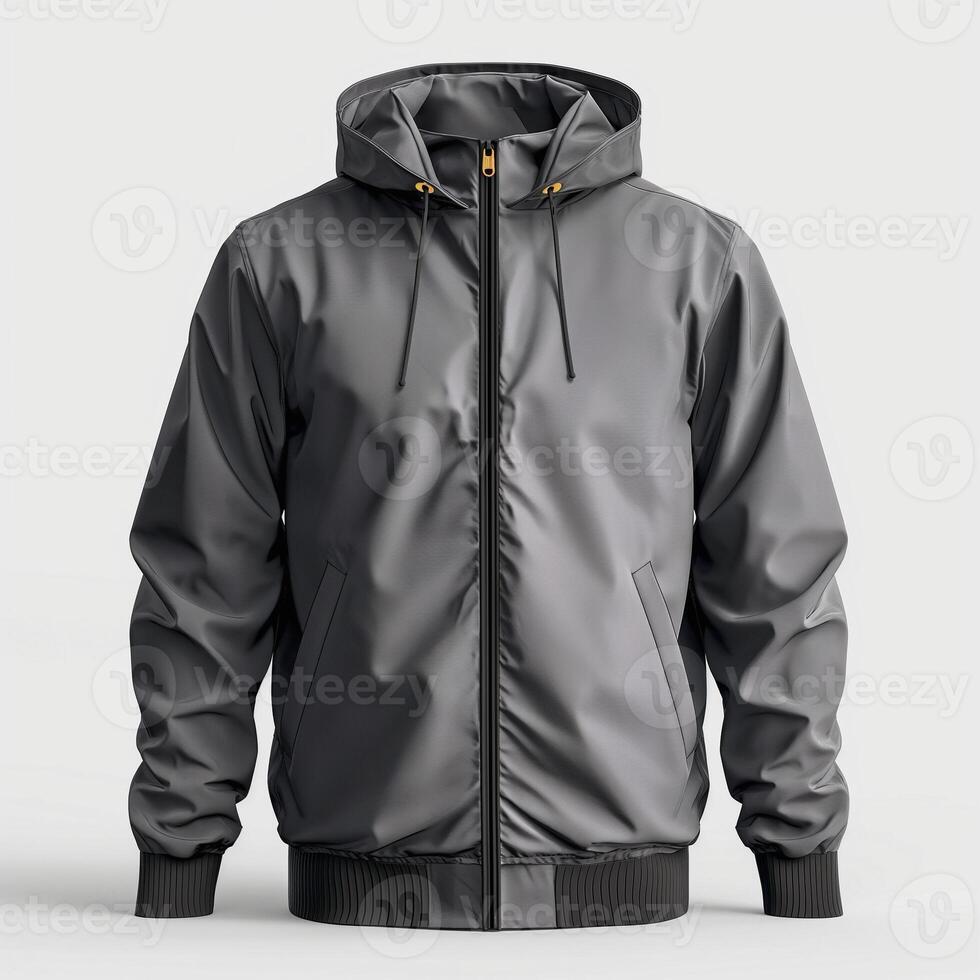 Stylish gray jacket with hood, featuring a sleek design and premium finish, perfect for urban fashion enthusiasts. photo