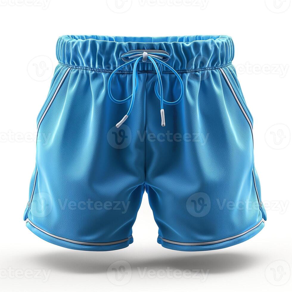 Bright blue athletic shorts with a drawstring and contrasting trim, perfect for summer activities. photo