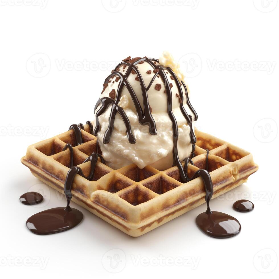 Delicious fluffy waffles topped with creamy ice cream and drizzled with rich chocolate sauce. photo