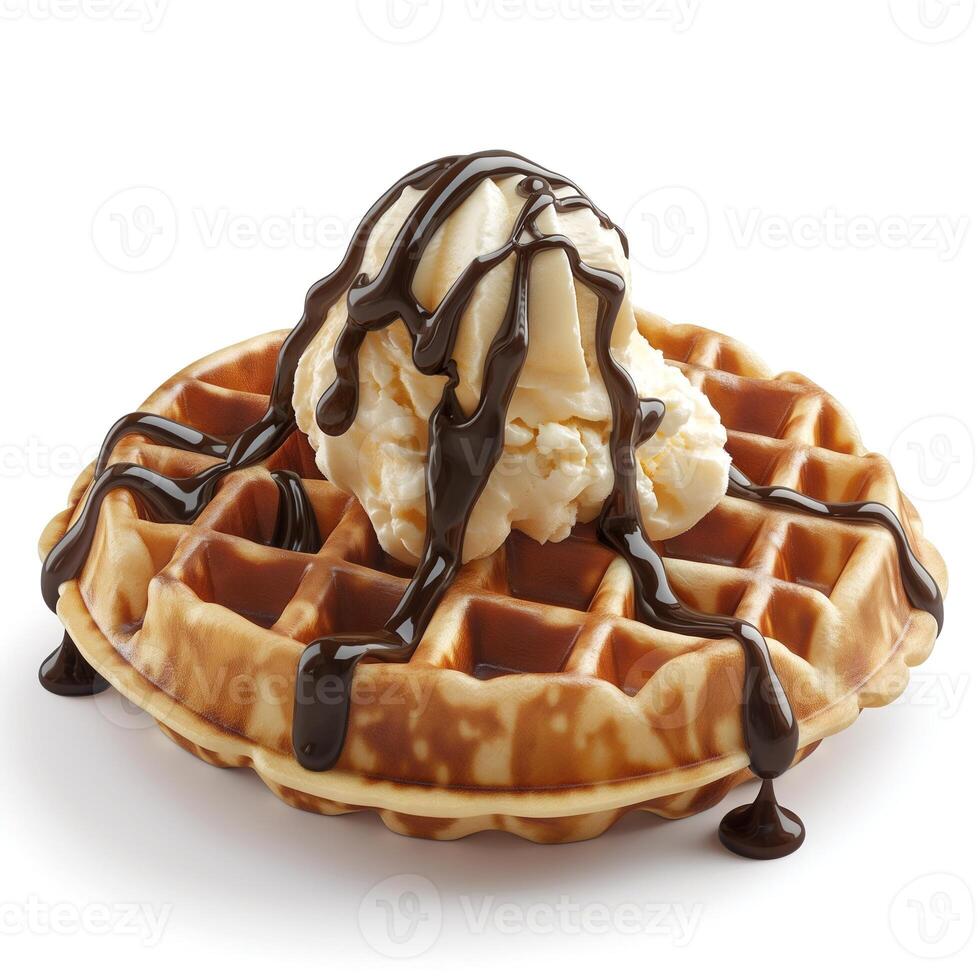 Delicious waffle topped with creamy vanilla ice cream and drizzled with rich chocolate sauce. photo
